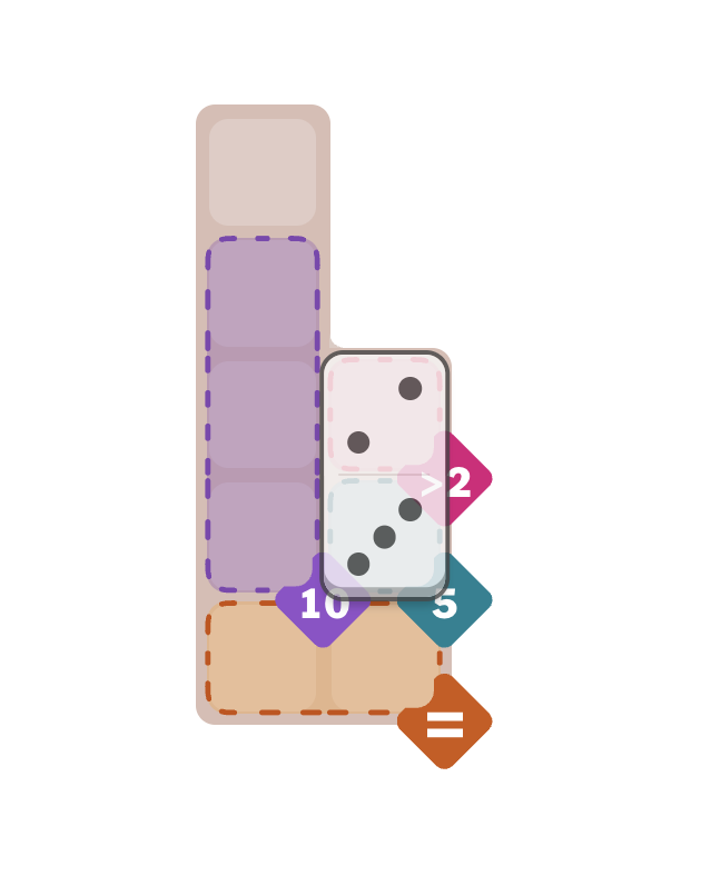 Pips board with colored region clues and a domino being placed